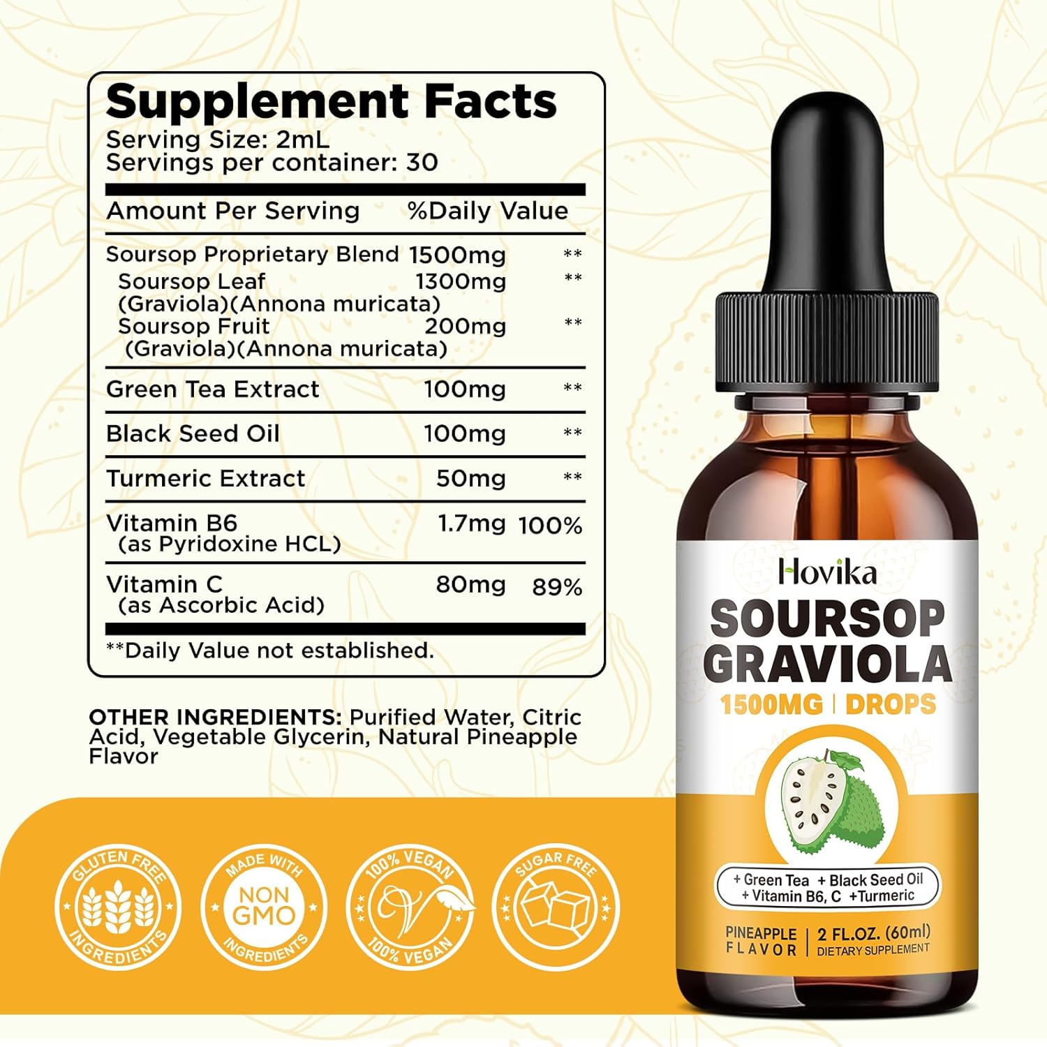 Soursop Graviola Liquid Drops with Green Tea, Black Seed Oil, Turmeric, 2 Fl Oz E51106