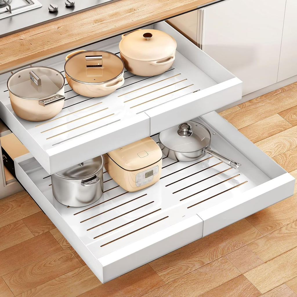 Wider Pull out Cabinet Organizer, Expandable(13.6-24) Heavy Duty Peel and Stick Roll out Drawer for Pots and Pans, Adjustable Adhesive No Drill Screw Slide out Shelf Storage for Home Kitchen Pantry