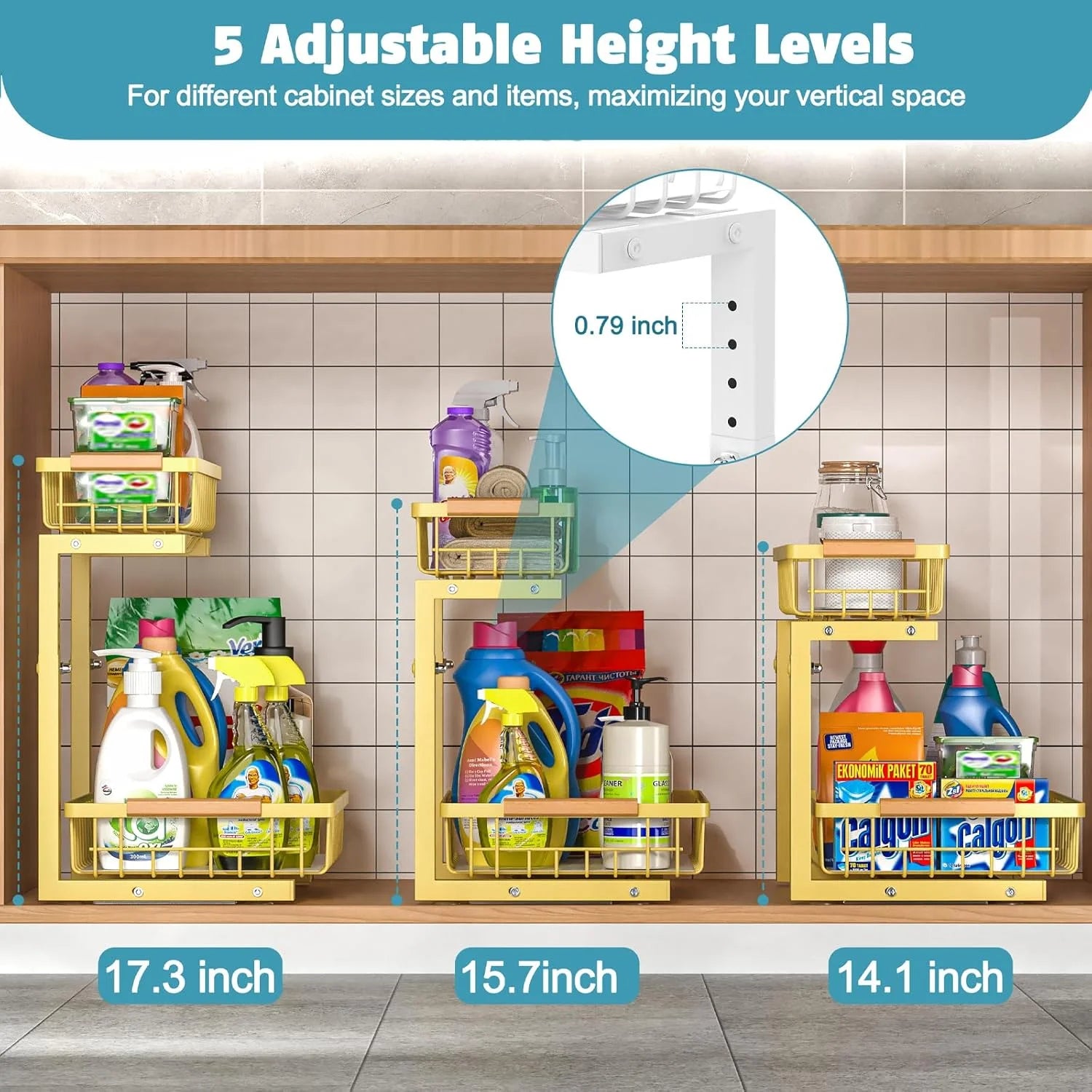 Under Sink Organizer 2 Pack, Height Adjustable, 2 Tier Pull Out Storage Shelf, Metal, Gold I717568