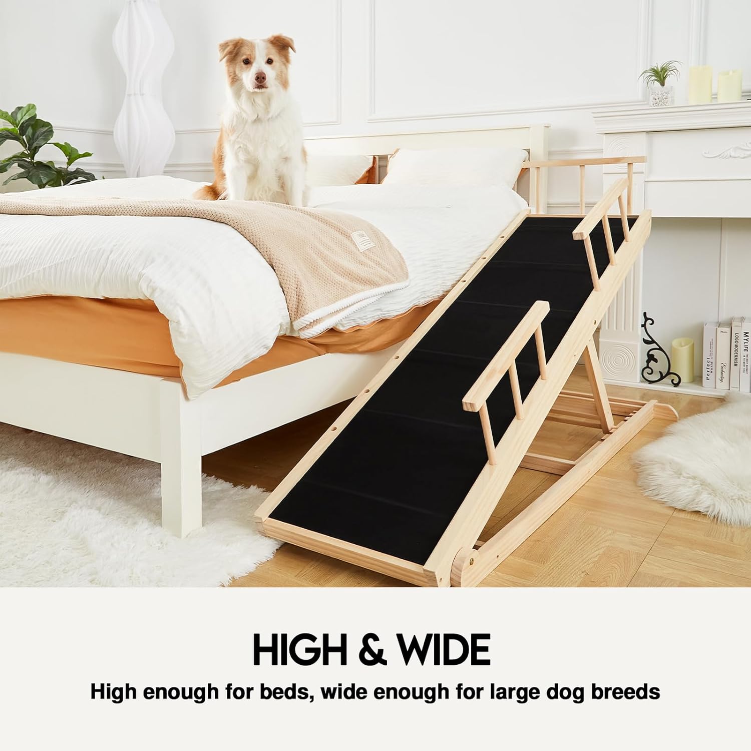 Folding Wooden Dog Ramp for Bed, Non-Slip Surface, Adjustable up to 30 Inch V7286