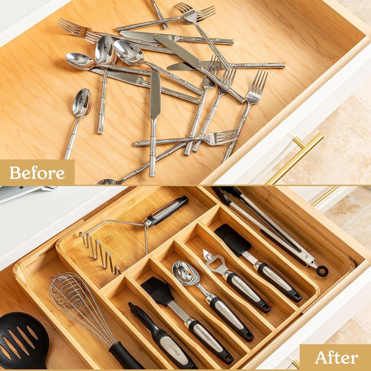 Bamboo Drawer Organizer with 8 Compartments for Utensils L759975