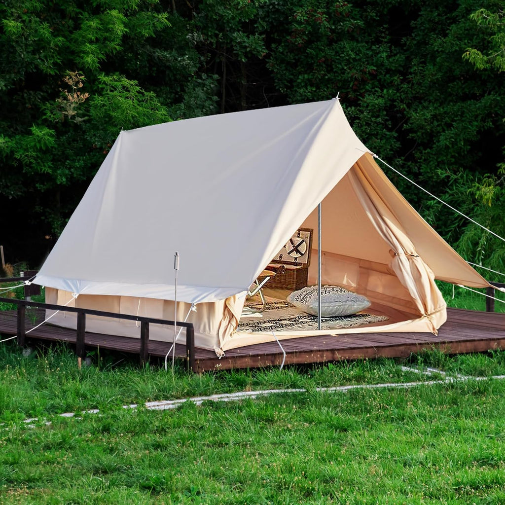Double Door Canvas Glamping Tent Rainproof, Camping Bell Tent for 4 Person with Windows, Easy Set-Up All Season Tents - Embrace Outdoor Luxury with Family-Friendly Tent and Ready for Thrills