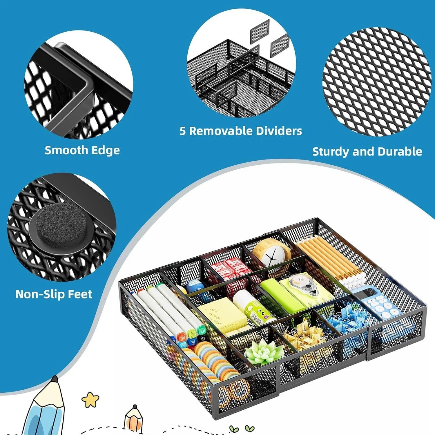Mesh Desk Drawer Organizer with 10 Adjustable Compartments O607