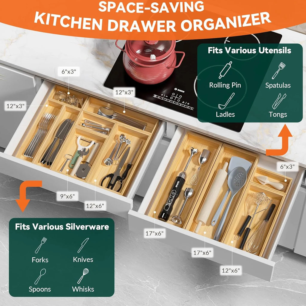 Bamboo Drawer Organizer for Silverware, Stackable Set of 2 W740372