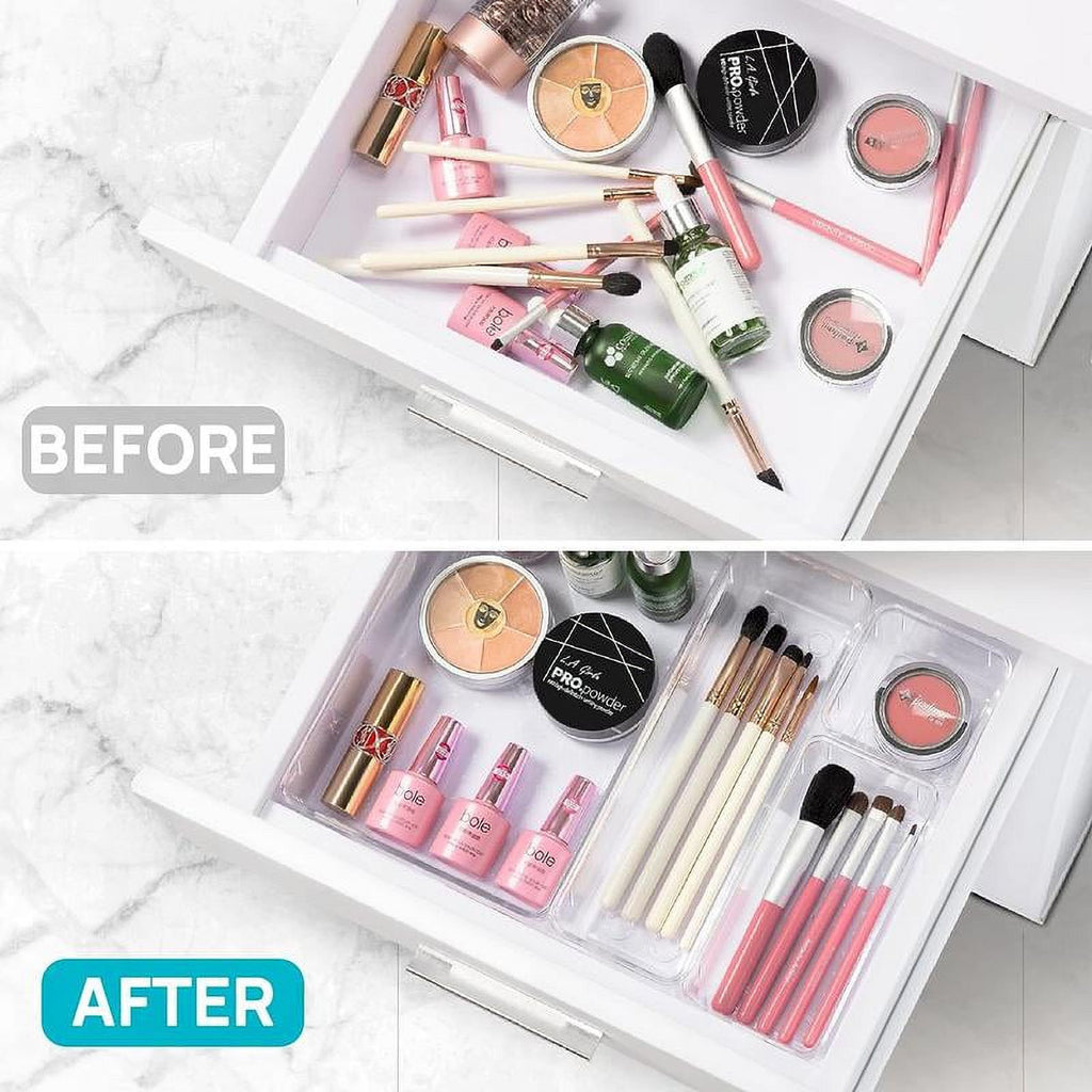 Clear Plastic Drawer Organizers Set, 4-Size Storage Trays for Makeup, Kitchen, and Office G2676