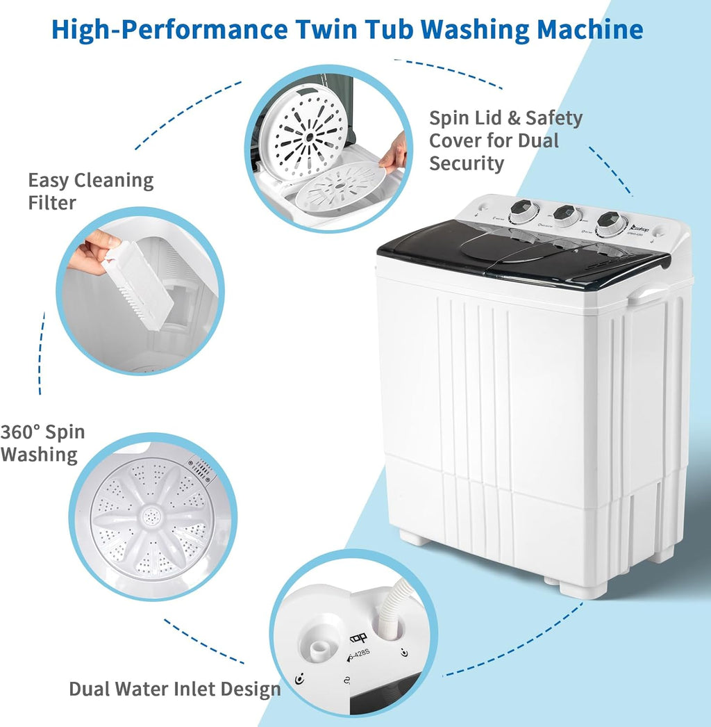 Portable Compact Twin Tub Washer with Spin Cycle and Gravity Drain T425