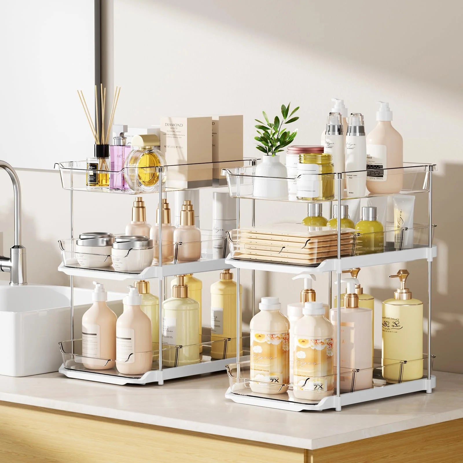 Under Sink Organizer 3 Tier Stackable Storage with Pull Out Drawers, White C19618