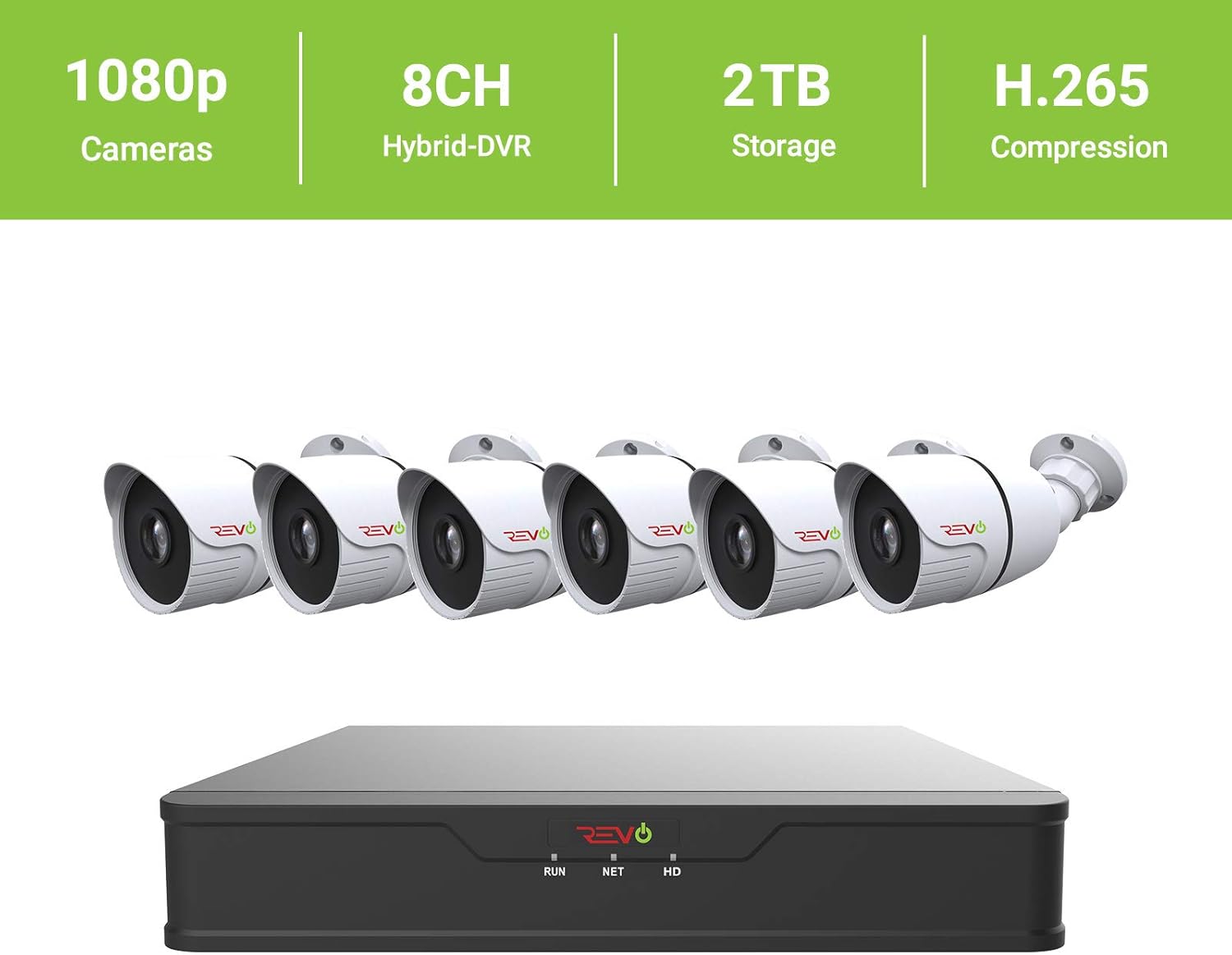 Hybrid 8Ch 2TB HDD DVR Video Security System with 6 x 1080p IR Bullet Cameras C826555