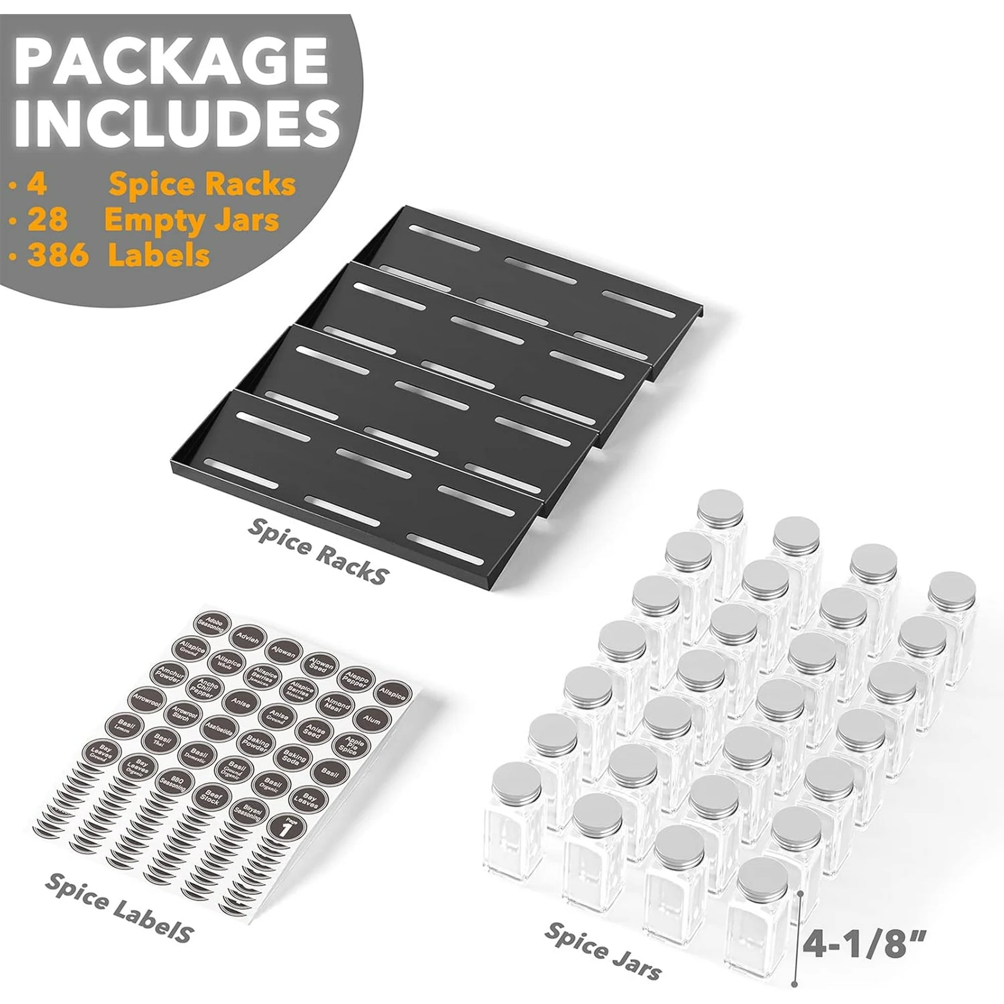 Spice Jar Drawer Organizer with Labels, 4-Tier Tray F1959