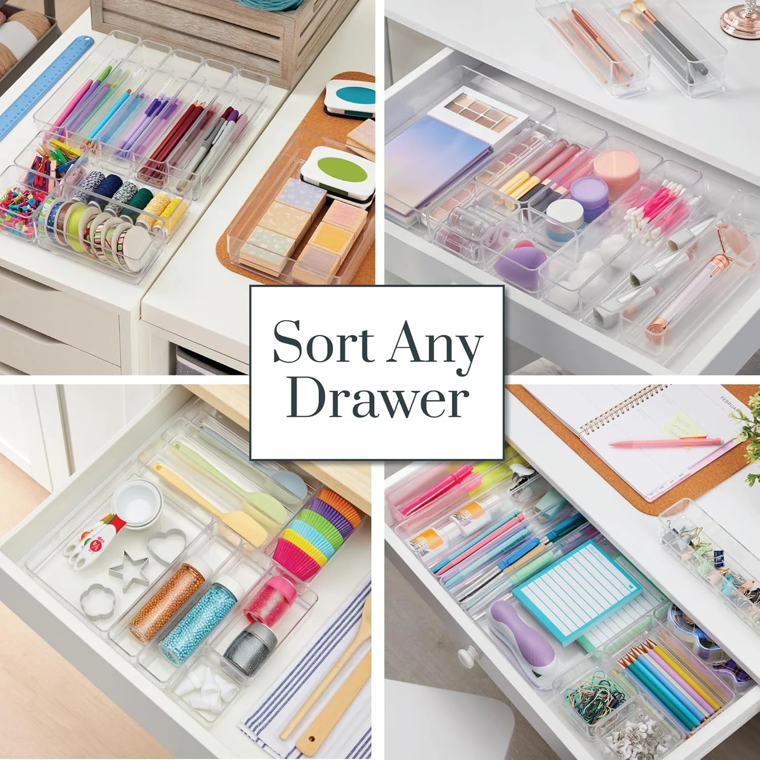Stackable transparent drawer organizer set with multi-size trays F506863