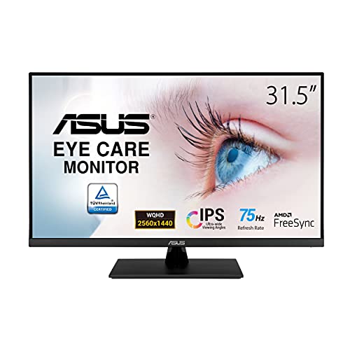 ASUS 31.5” 2K Monitor (VP32AQ) - WQHD (2560 x 1440), IPS, 100% sRGB, HDR10, 75Hz, Speakers, Adaptive-Sync/FreeSync, Low Blue Light, Eye Care, VESA Mountable, Frameless, DisplayPort, HDMI, Tilt,BLACK