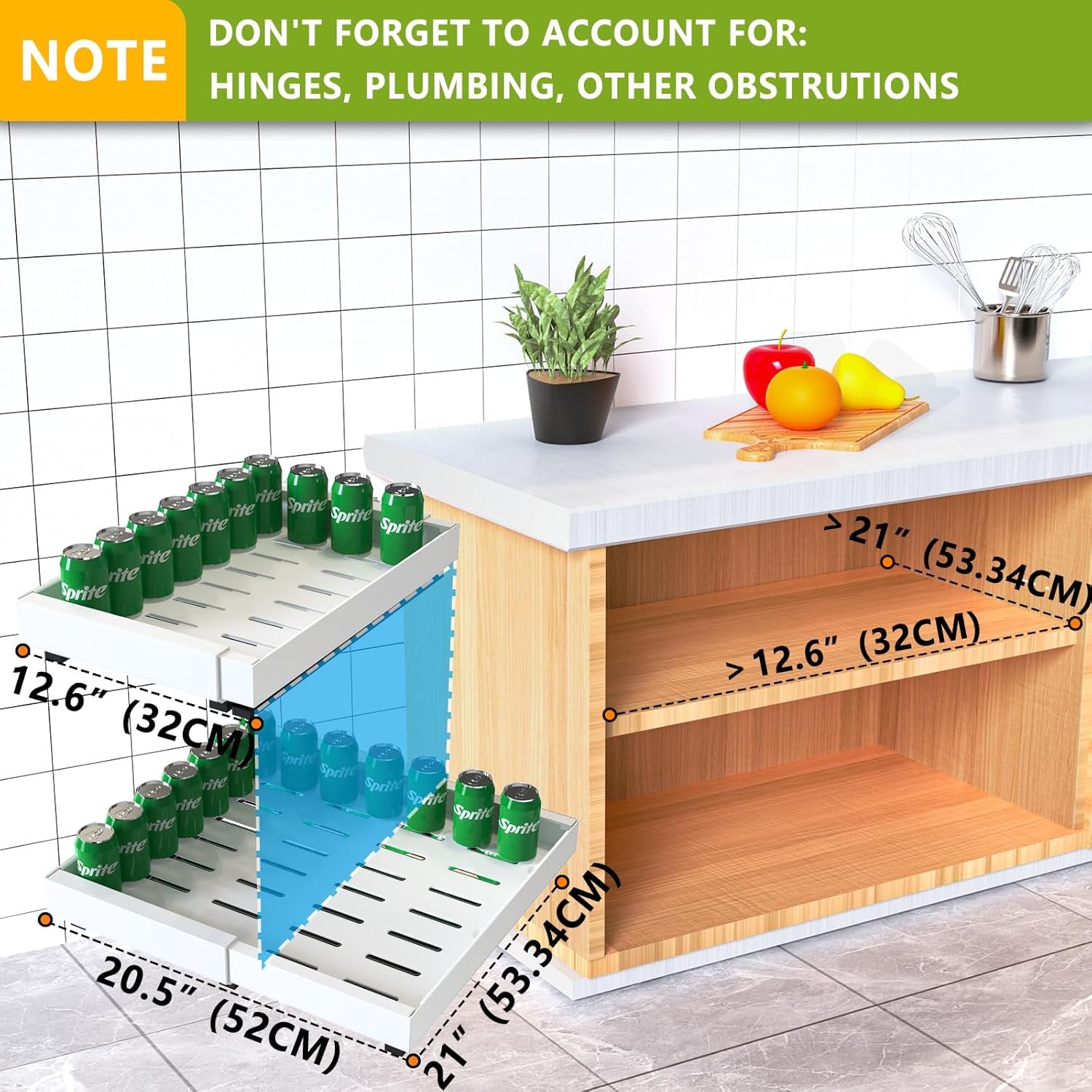 4 Pack Pull Out Cabinet Organizer, 21" Deep Slide Out Drawer, No Drill Adhesive, White K3915