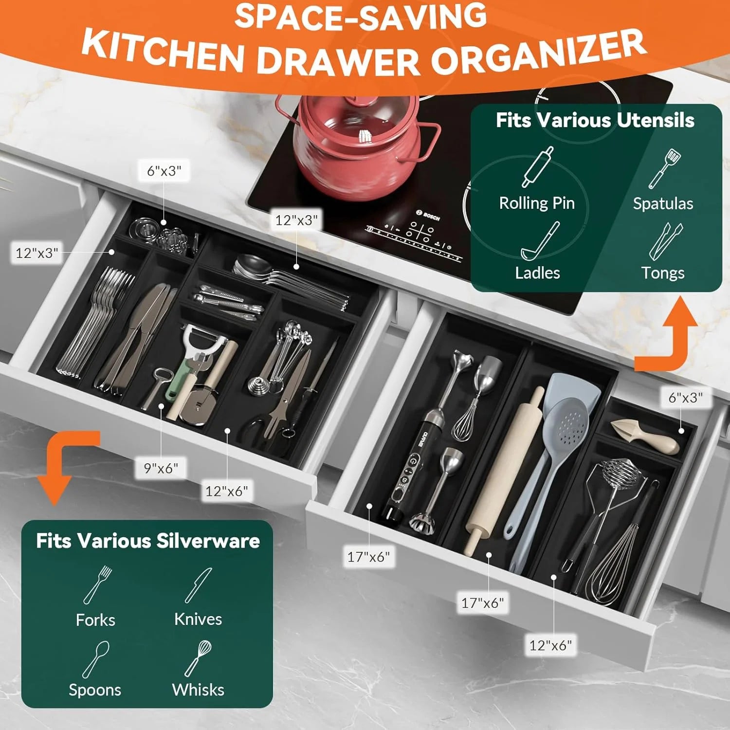 Bamboo Drawer Organizer for Silverware, Stackable Set of 2 W740372