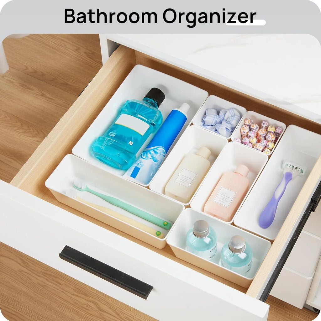 Desk Drawer Organizer Trays, 4-Size Plastic Storage Bins, Black V283374
