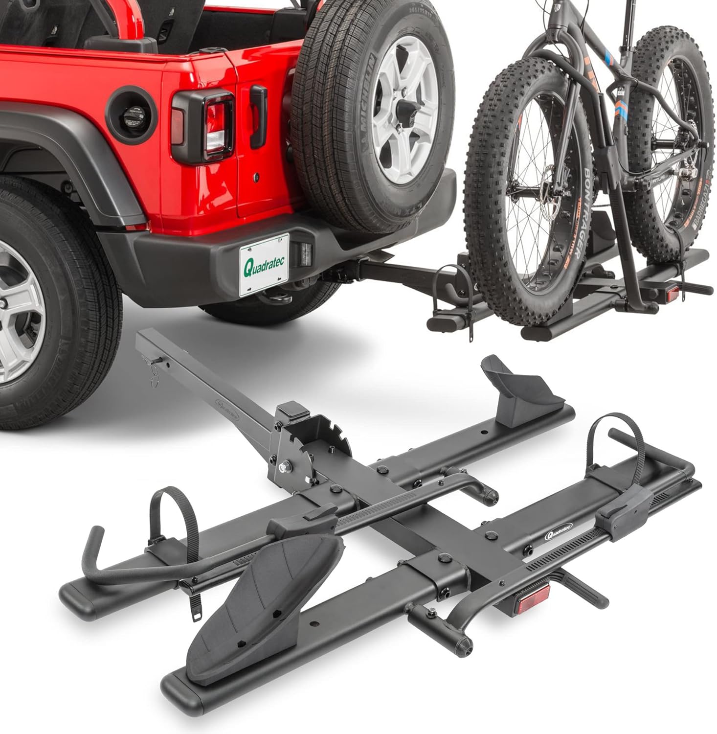 Quadratec Deluxe 2-Bike Hitch Mount Bike Rack for eBikes - Supports Heavy Electric Bikes & Fat Tires Up to 4" Wide - Swing Away & Folding Feature - Fits Jeep Wrangler, SUVs, RVs, Trucks, & Trailers