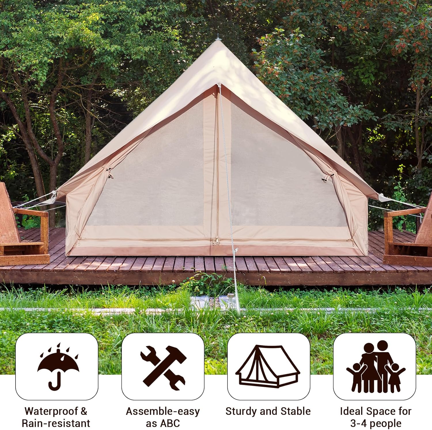 Canvas Glamping Bell Tent for 4 Person Rainproof with Windows J9887
