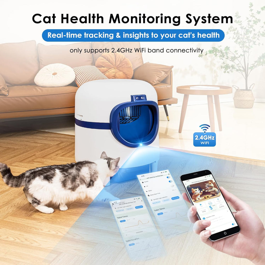 Self-Cleaning Cat Litter Box, Automatic Large Capacity for Multiple Cats, White & Blue R5154