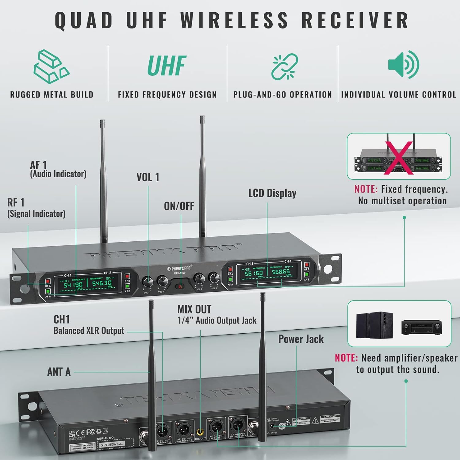 Wireless Microphone System, 4-Channel UHF Metal Cordless Mic with 4 Handheld Dynamic Microphones, 260ft Range C42881