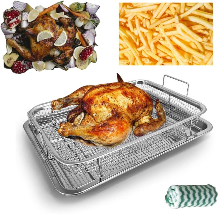 Stainless Steel Air Fryer Basket Set with Crisper Tray and Grease Catcher D725203