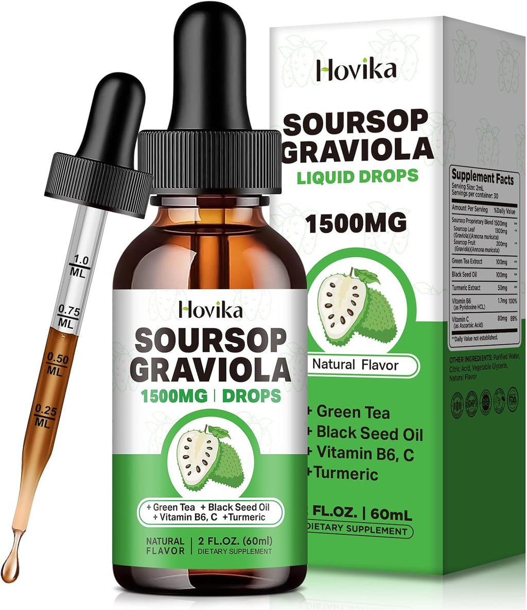 Soursop Leaves & Fruit, Soursop Graviola Liquid Drops 1500mg with Green Tea, Black Seed Oil, Turmeric for Cell Support, Immune, Antioxidant - Soursop Bitters Liquid, Natural-B Flavor 2 Fl Oz