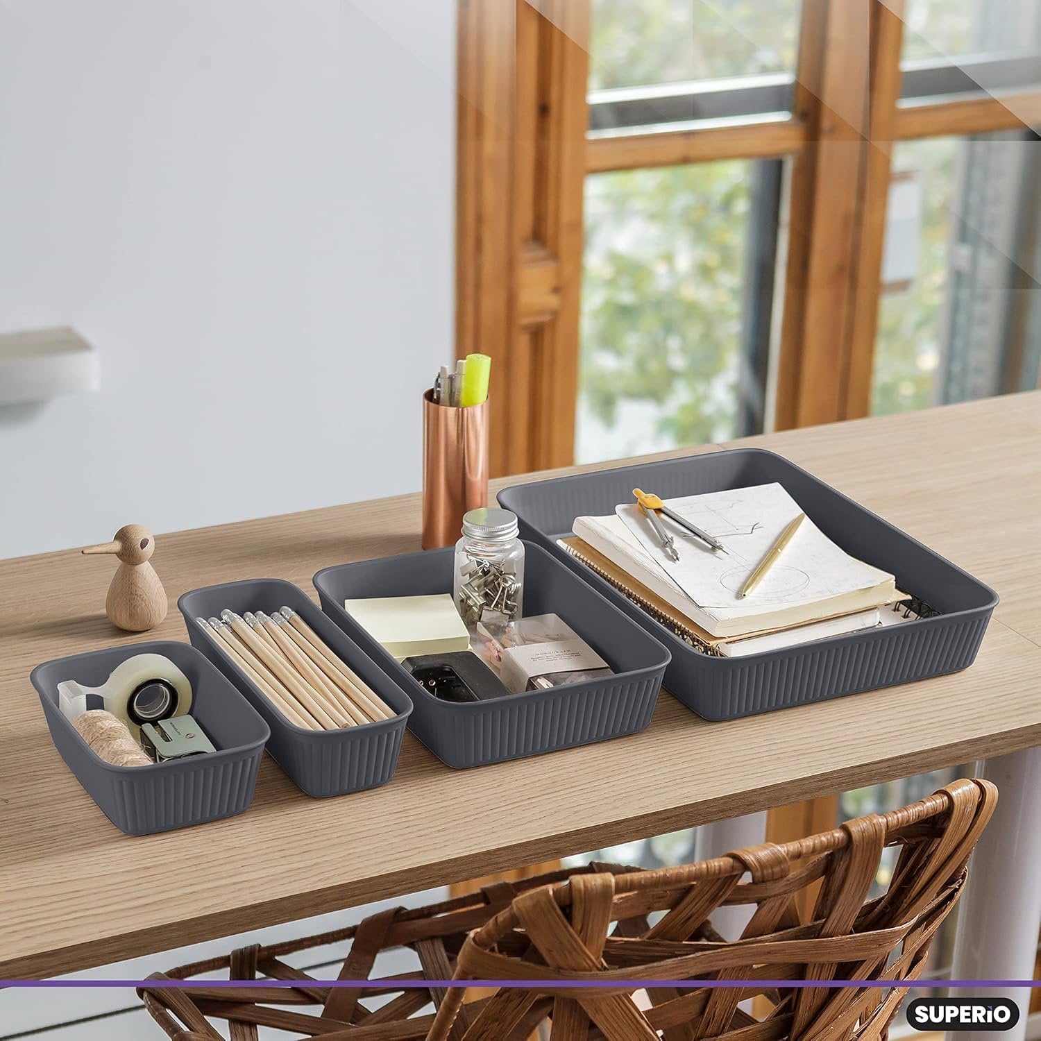 Plastic Desk Drawer Organizer Tray, Grey, Set of 4 P746