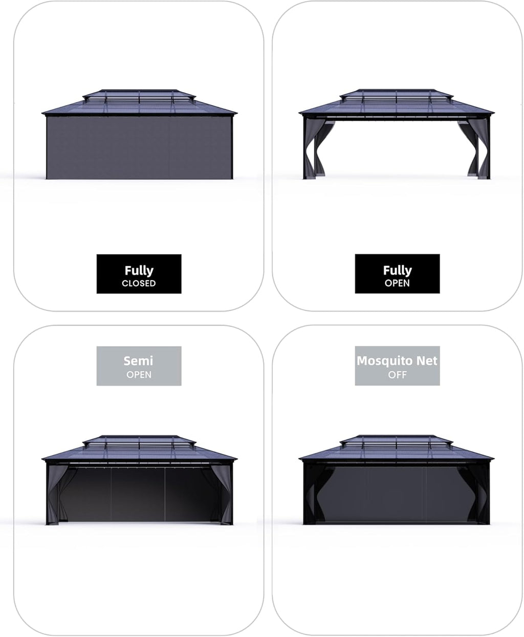 Hardtop Gazebo 10x12 with Polycarbonate Roof, Aluminum Frame, Net and Curtain A23930