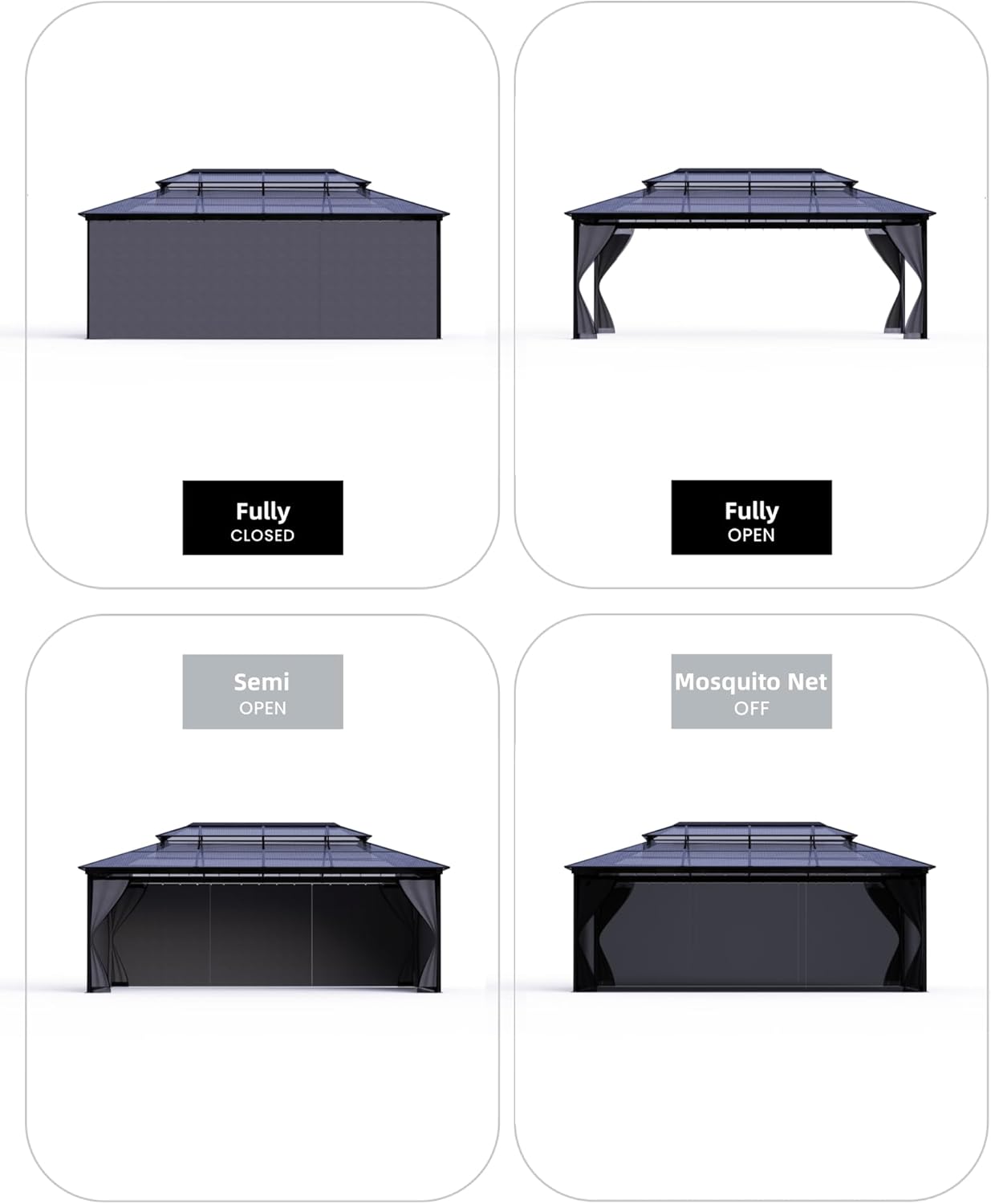 Hardtop Gazebo 10x12 with Polycarbonate Roof, Aluminum Frame, Net and Curtain A23930