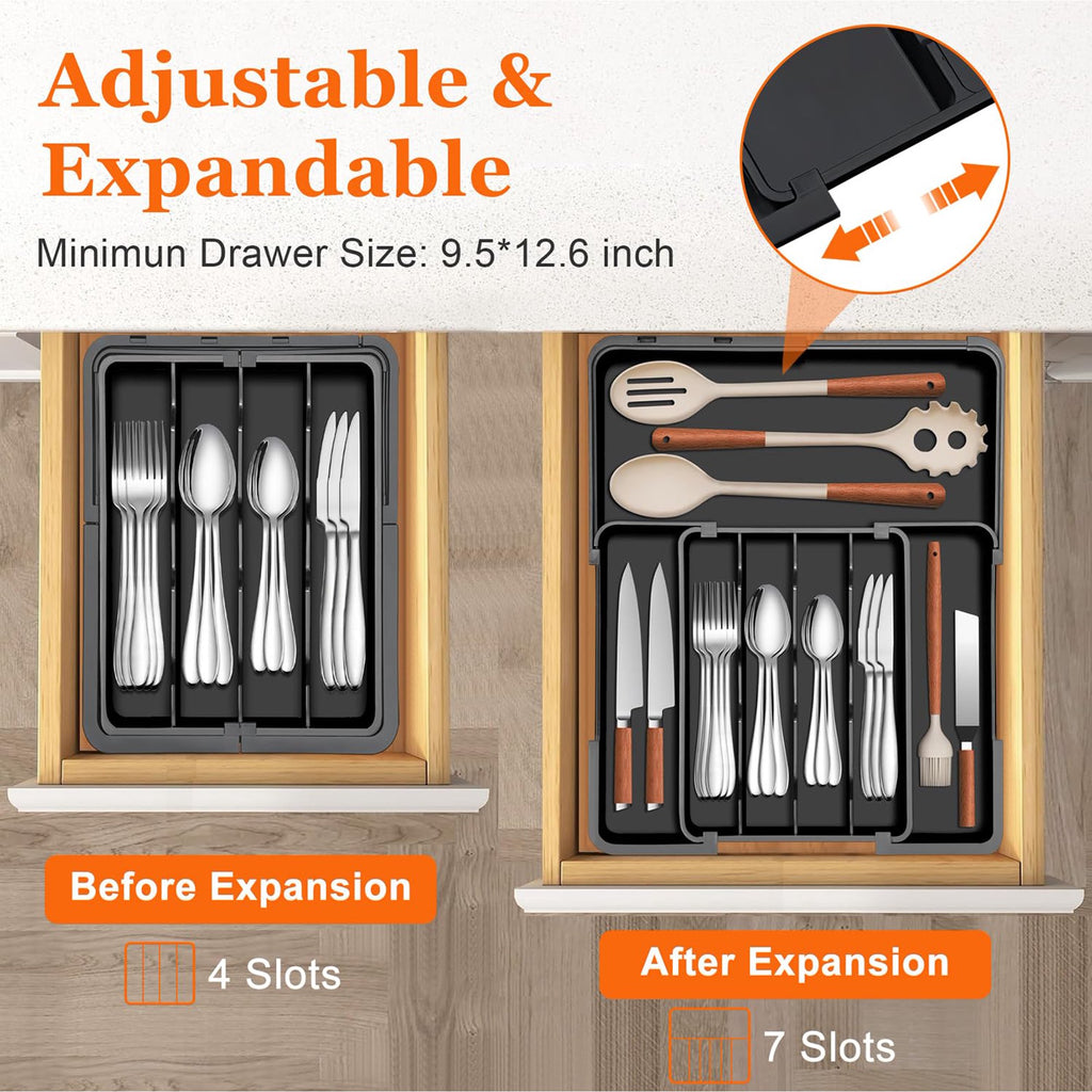 Expandable 7-Section Drawer Divider for Cutlery, Non-Slip, Black Z48118