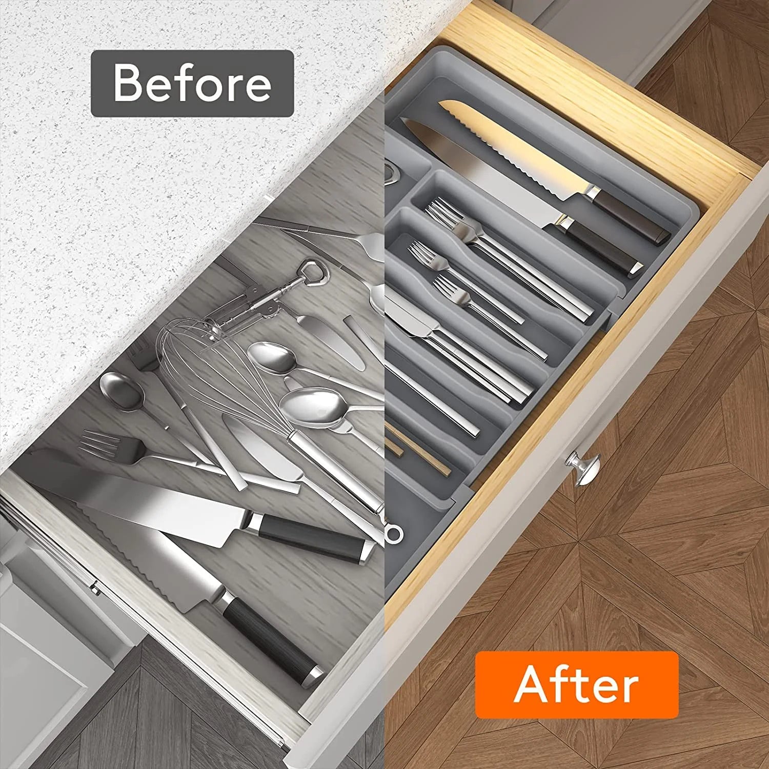 Expandable Utensil Tray for Kitchen, Adjustable Plastic Storage, Grey H767074