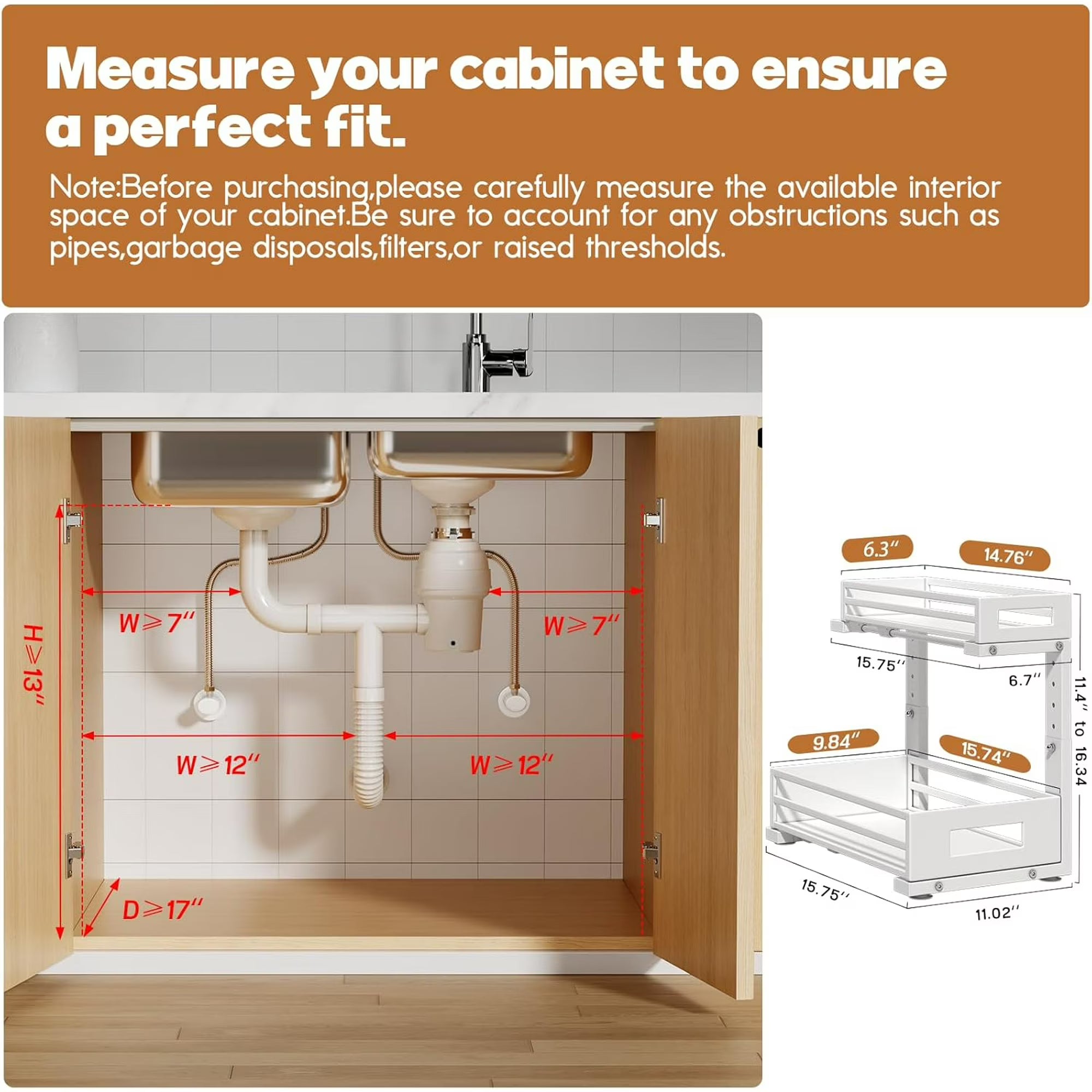 2-Pack Under Sink Organizer and Storage, 2-Tier L Shape Pull Out Cabinet Organizer With Round Tube Slide Rails, Hight Adjustable Slide Out Drawers for Kitchen&amp;Bathroom, Multi-Purpose Shelf-White