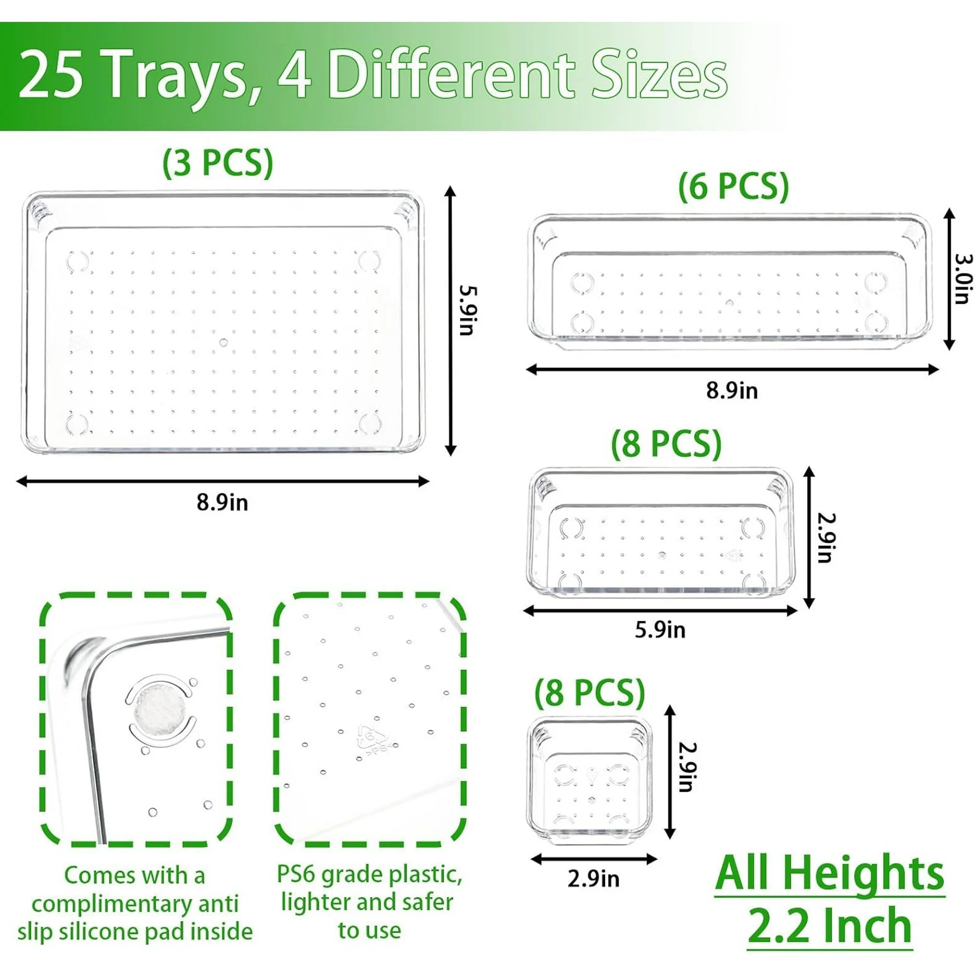 Clear Plastic Drawer Organizer Set, 4 Sizes for Bathroom, Office, Kitchen M3856