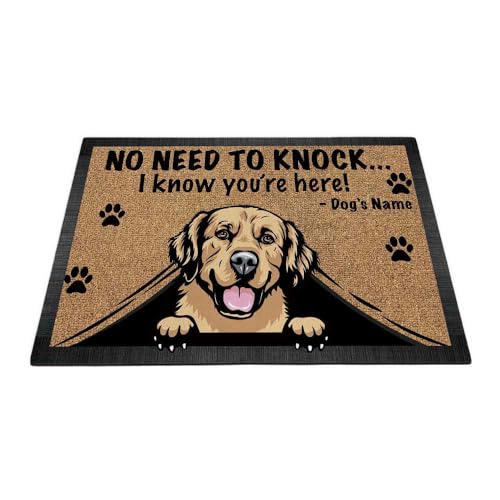 MALIHONG Personalized Dog Doormat with Peeking Dog Goldendoodle No Need to Knock I Know Your're Here Mat for Home Docer 27.5 x 17.7 Inch