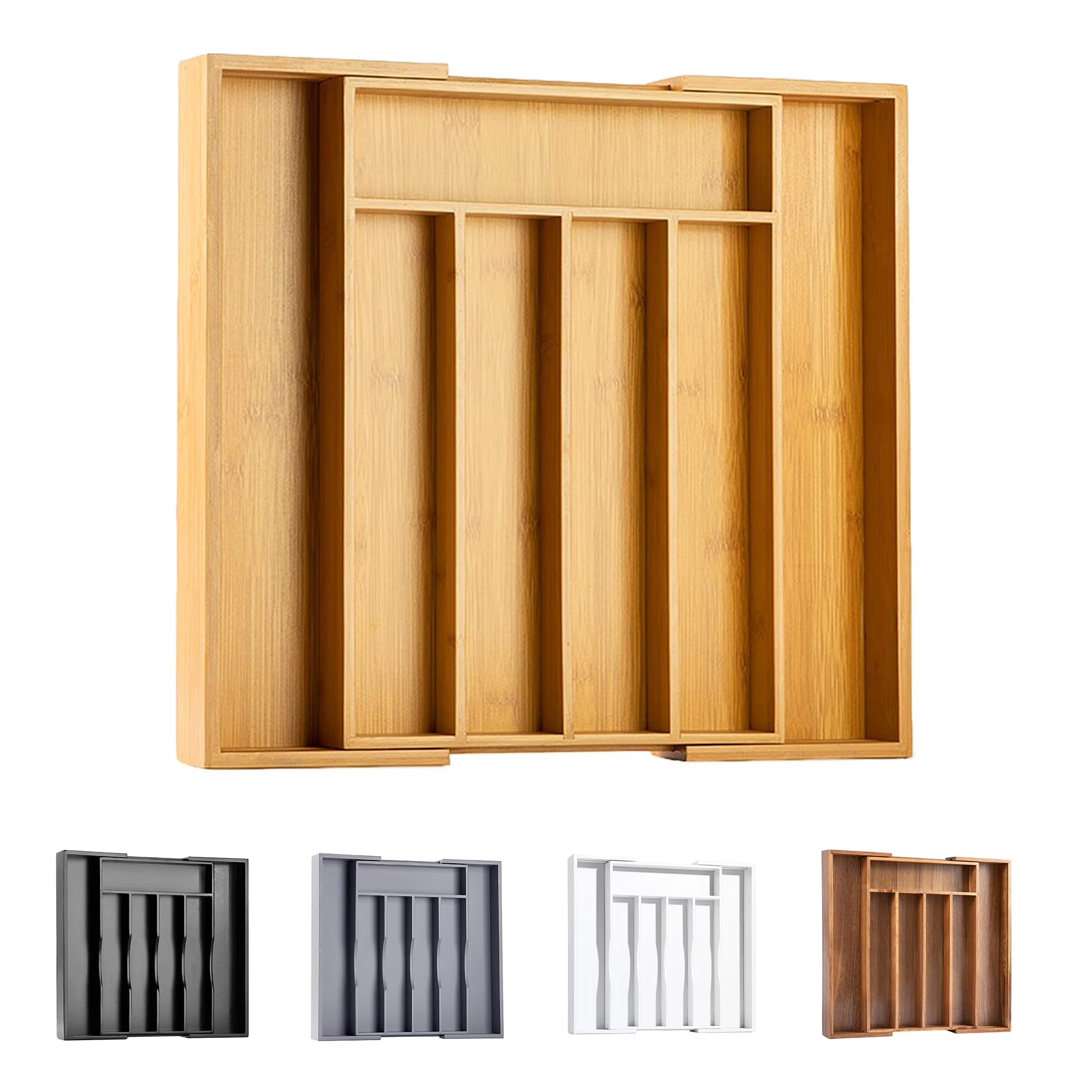 Bamboo Cutlery Tray Organizer Expandable Kitchen Drawer Storage for Utensils Flatware Adjustable Compartments Office Bedroom Use, Brown