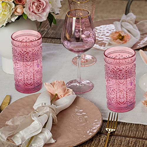 6 Pack Pink Glassware Drinking Glasses, 12oz Embossed Highball Cups Y65163