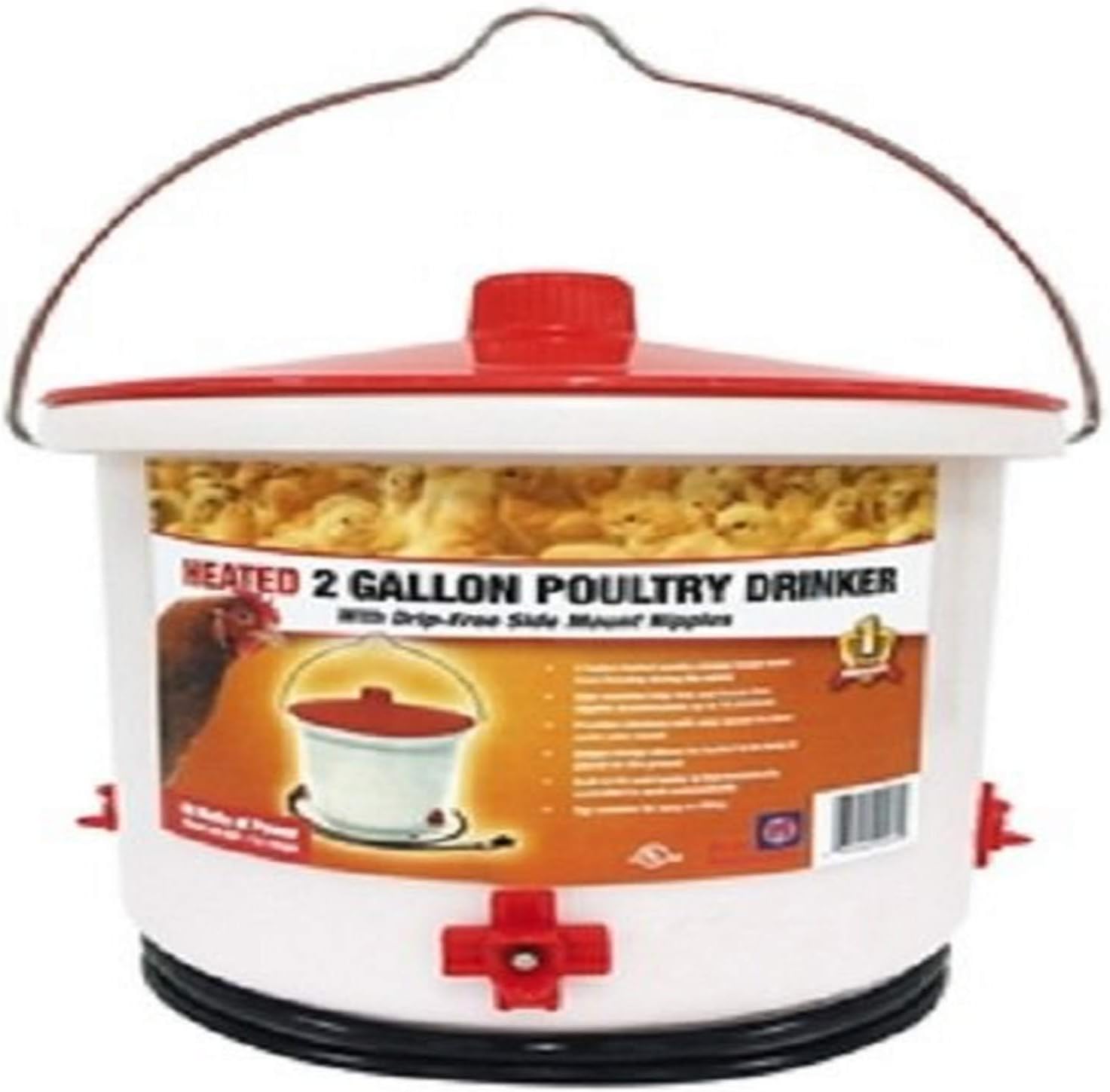 FARM INNOVATORS HB-60P Heated Poultry Drinker with Drip-Free Side Mount Nipples, 2 Gal, Clear