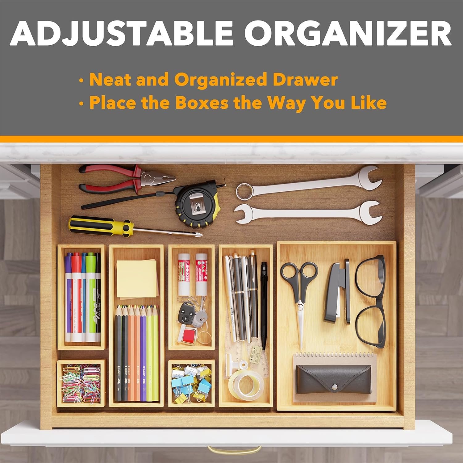 Bamboo Drawer Organizer Set with Divider Bins D27991