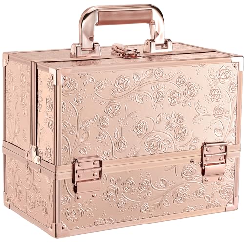 FRENESSA Makeup Train Case 11.8 Inch Extra Large Makeup Organizer Case 3 Trays with Mirror Cosmetic Travel Storage Box for Makeup Artist Nail Tech Craft Supplies Case Black