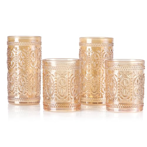 Pink Glassware Set of 4, Vintage Drinking Glasses, Colored Glassware Drinking, Highball Embossed Beverage Glasses Cup for Party Wedding Home Office and Gift (2pcs12oz+2pcs10oz）