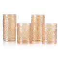 Pink Glassware Set of 4, Vintage Drinking Glasses, Colored Glassware Drinking, Highball Embossed Beverage Glasses Cup for Party Wedding Home Office and Gift (2pcs12oz+2pcs10oz）