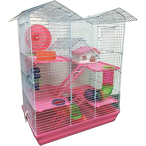 Large Twin Tower 5-Levels Crossing Level Tube Habitat Syrian Hamster Rodent Gerbil Mouse Mice Rat Wire Animal Home Cage with Hide House Running Wheel Food Bowl Water Bottle Deep Base