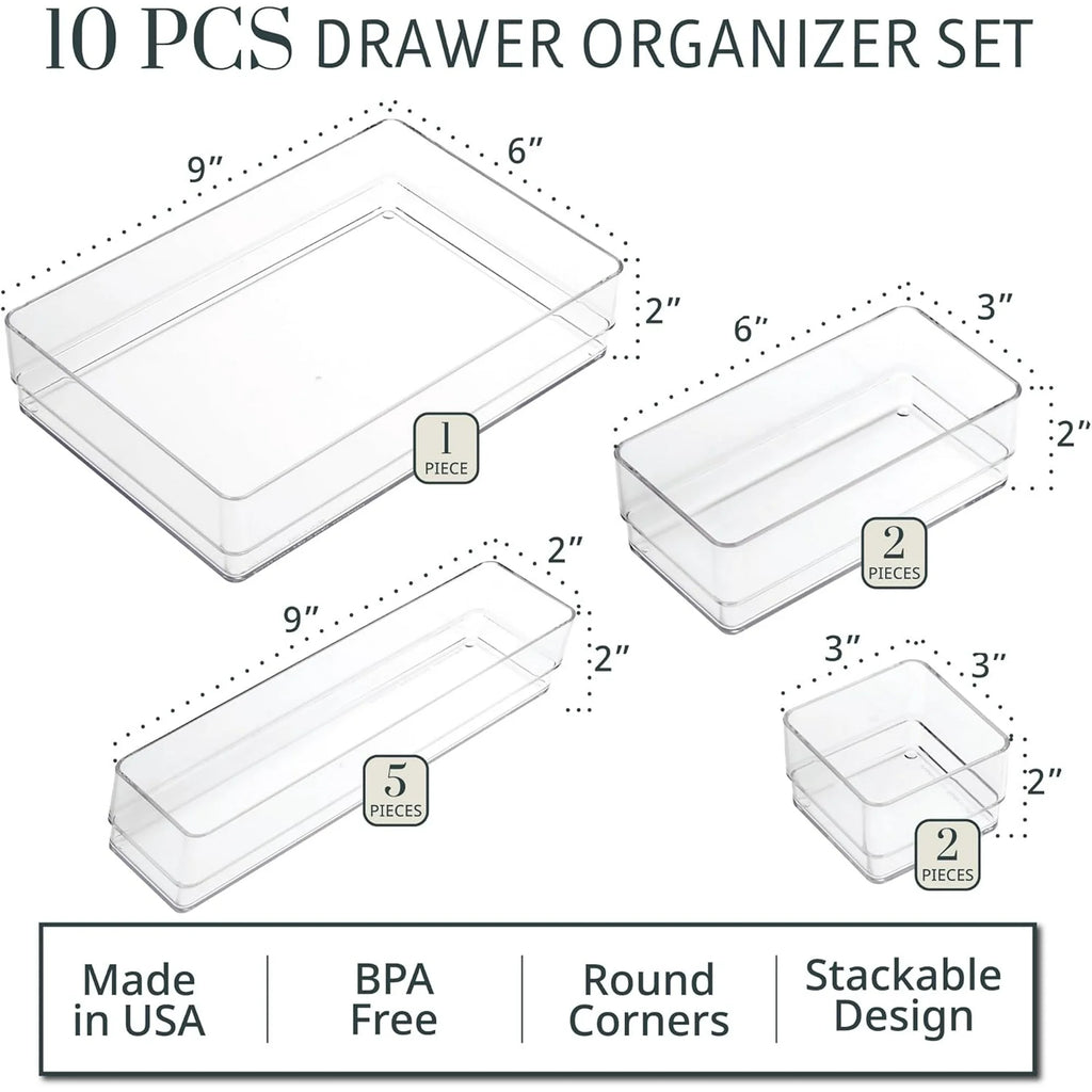 Stackable transparent drawer organizer set with multi-size trays F506863
