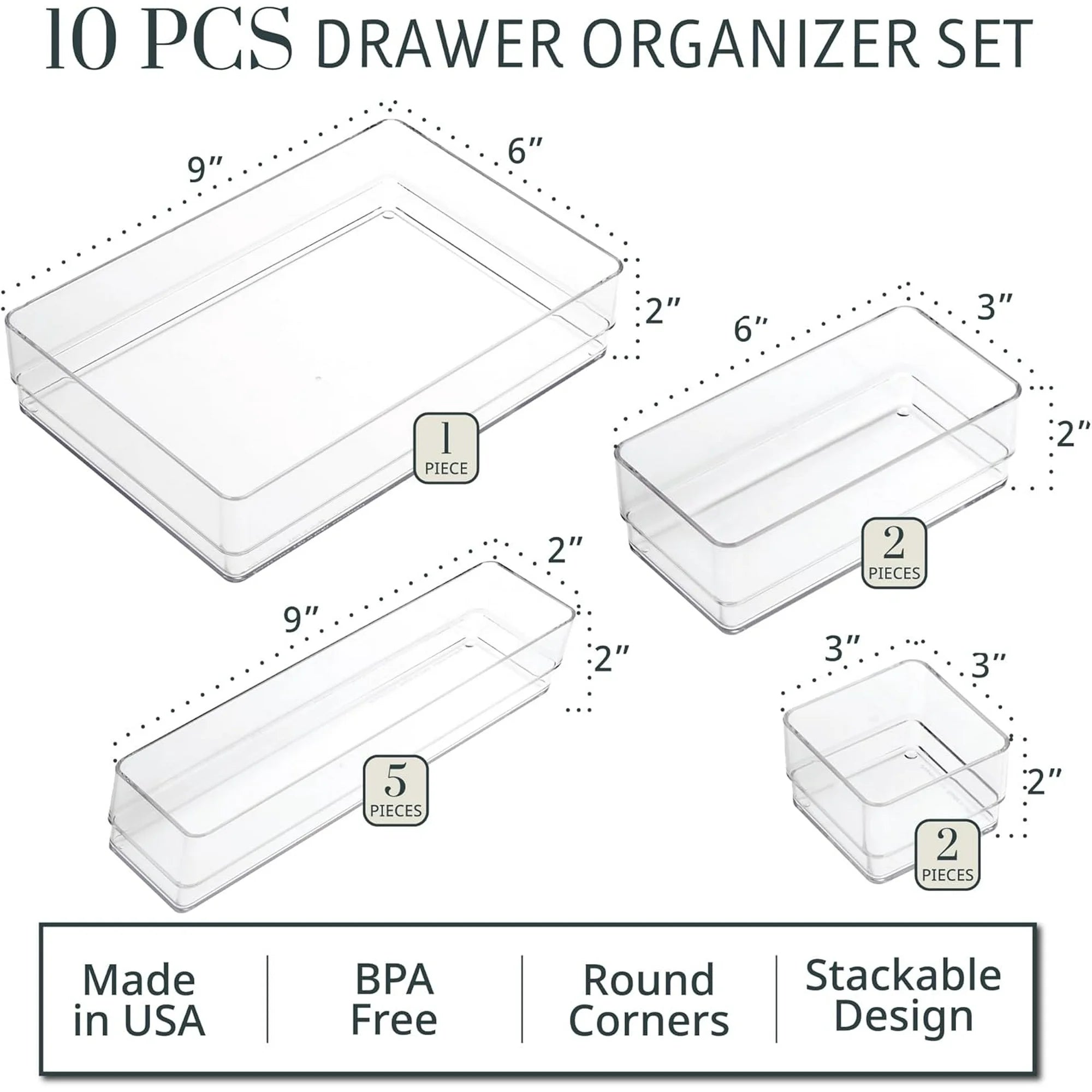 Stackable transparent drawer organizer set with multi-size trays F506863