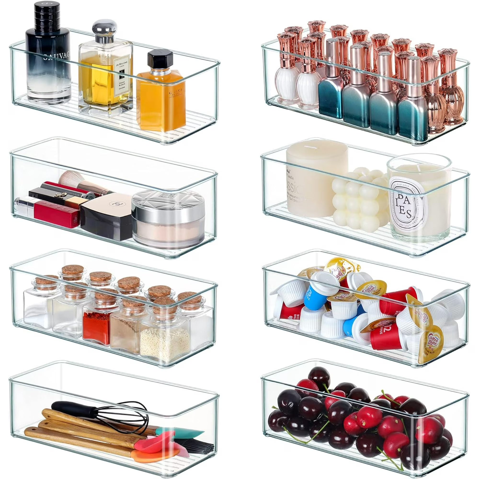 8 PACK Clear Stackable Storage Bins, Plastic Drawer Organizer Bins for Cutlery Vanity Storage Tray for Bathroom Kitchen Office Desk Organizing