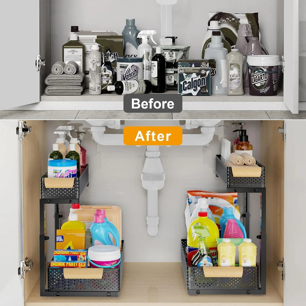 Under Sink Organizer, 2 Pack, 5 Height Adjustable, 2-Tier Pull Out Drawer Shelf I965785