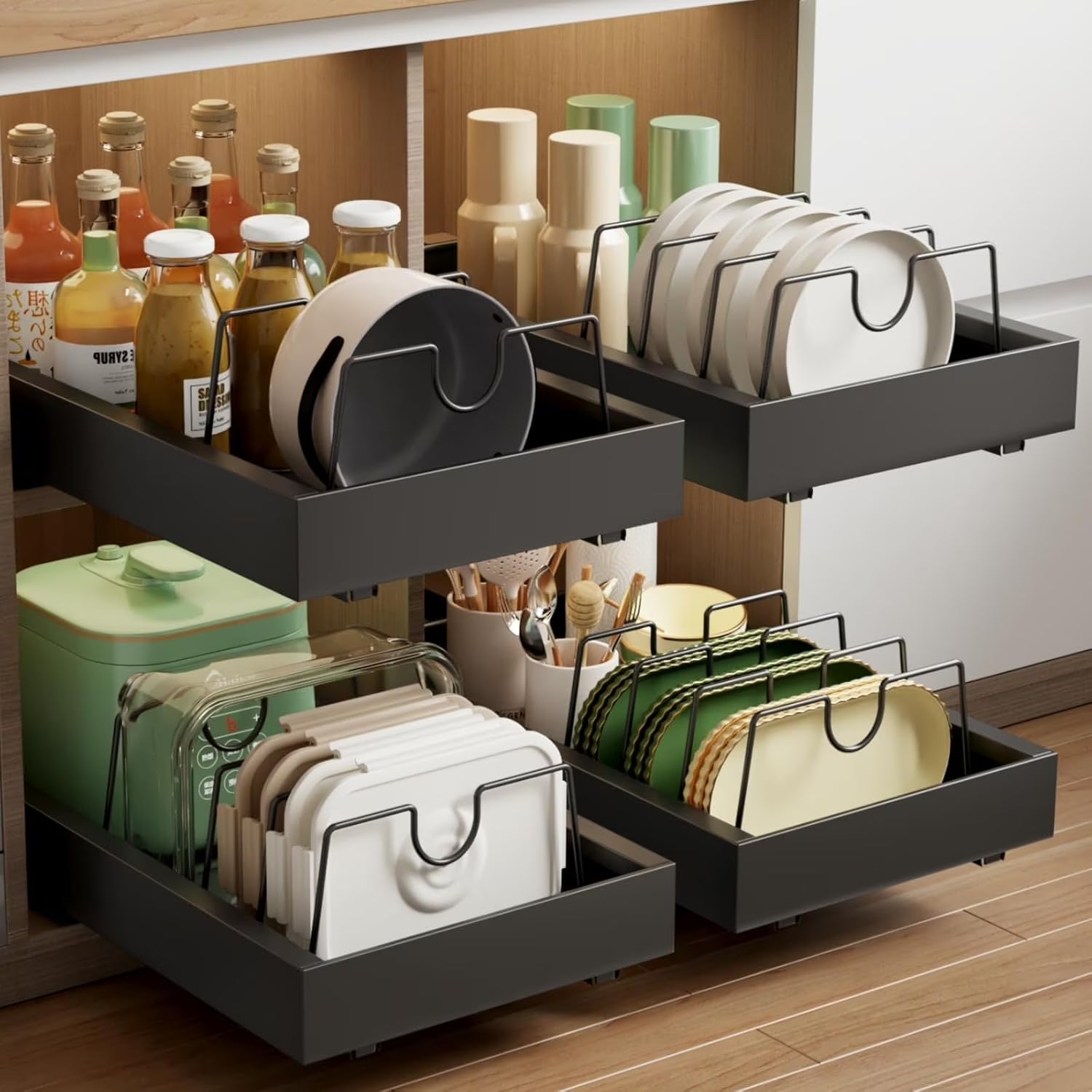 2 Pack Pull Out Cabinet Organizer with 8 Dividers,21.8Deep Slide Out Drawers for Cabinets Adhesive Pull Out Drawers Heavy Duty Pull Out Shelves for Kitchen, Cupboard, Pantry, Bathroom-Black