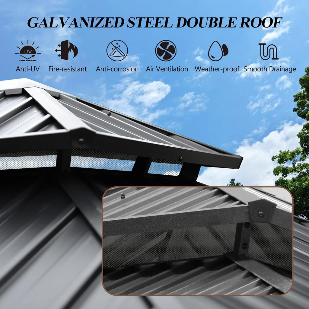 Outdoor Hardtop Gazebo with Double Roof and Netting D864