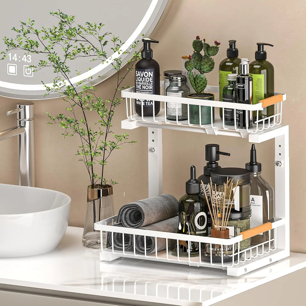 Under Sink Organizer 2 Pack, Height Adjustable, 2 Tier Pull Out Storage Shelf, Metal, Gold I717568