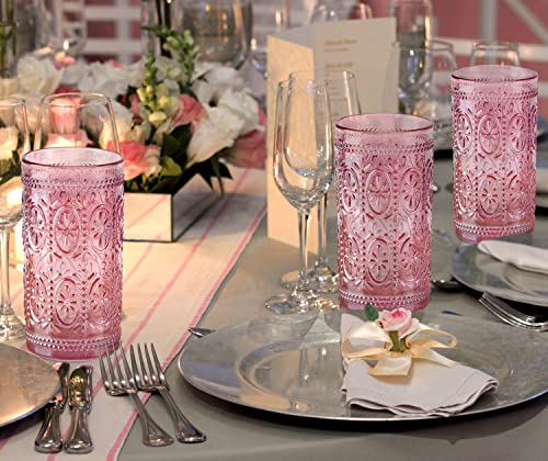 6 Pack Pink Glassware Drinking Glasses, 12oz Embossed Highball Cups Y65163
