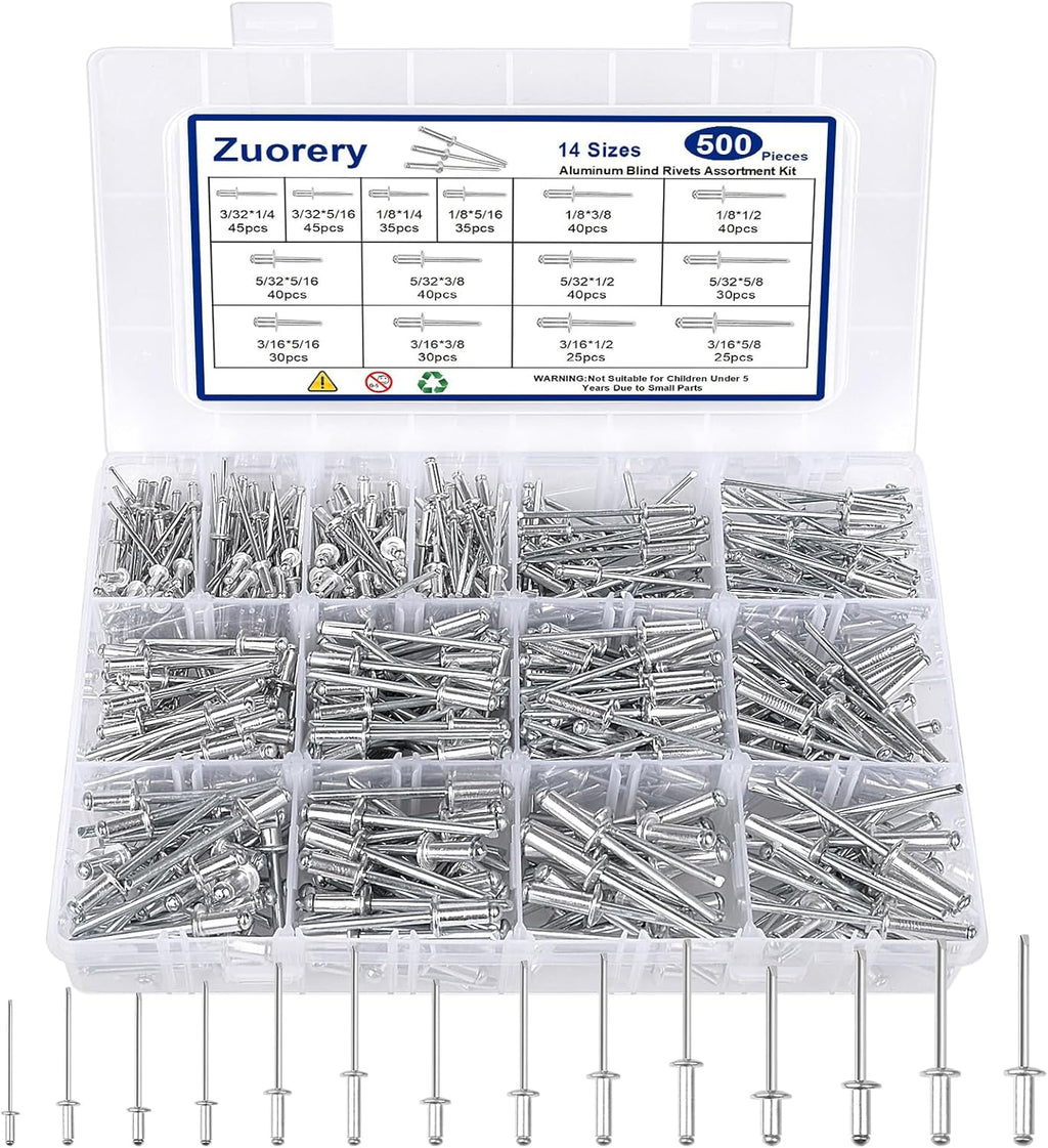 500pcs Pop Rivets Assortment Kit, 14 Sizes Aluminum Blind Rivets (3/32" 1/8" 5/32" 3/16") Assorted Blind Rivets