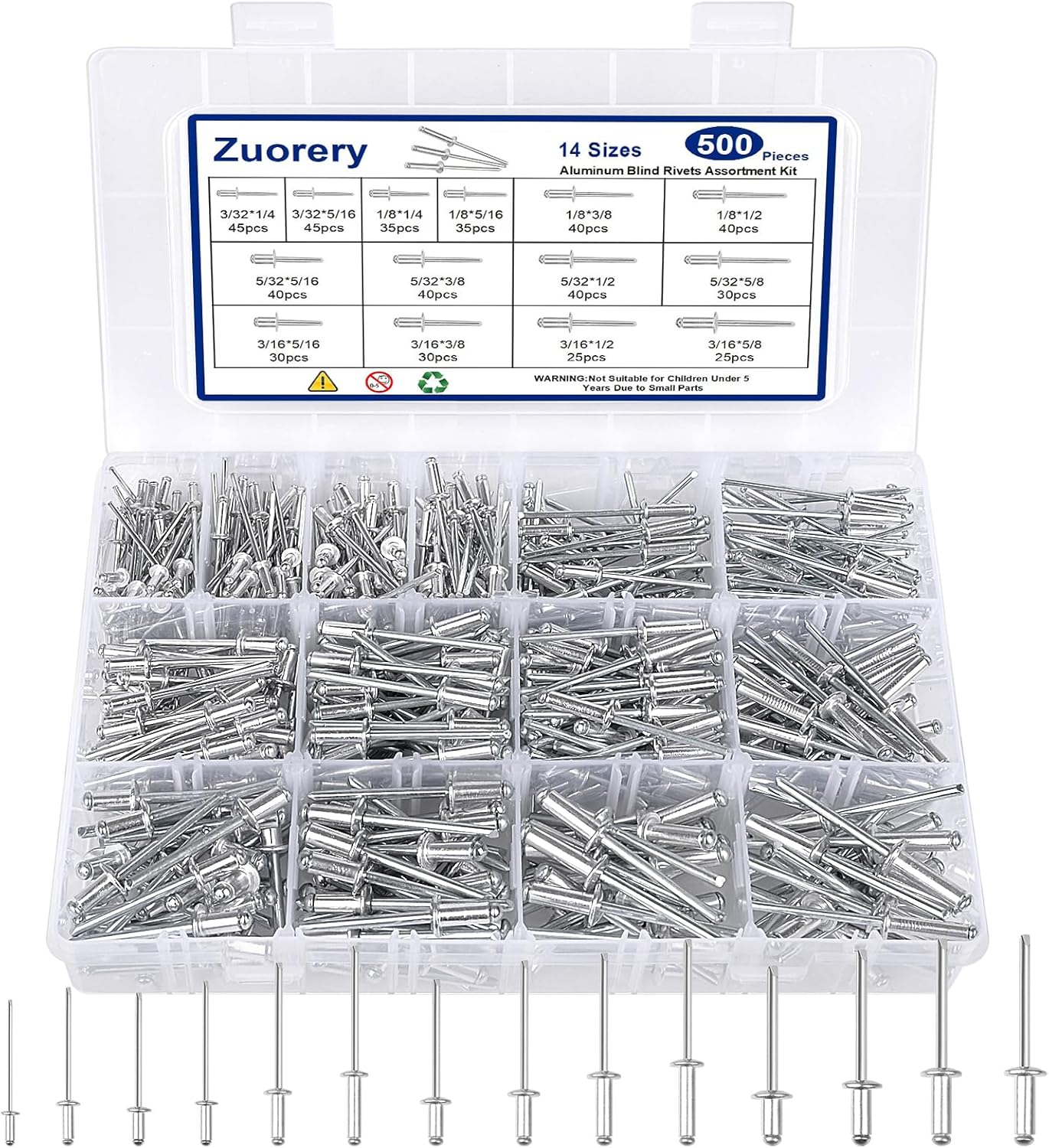 500pcs Pop Rivets Assortment Kit, 14 Sizes Aluminum Blind Rivets (3/32" 1/8" 5/32" 3/16") Assorted Blind Rivets